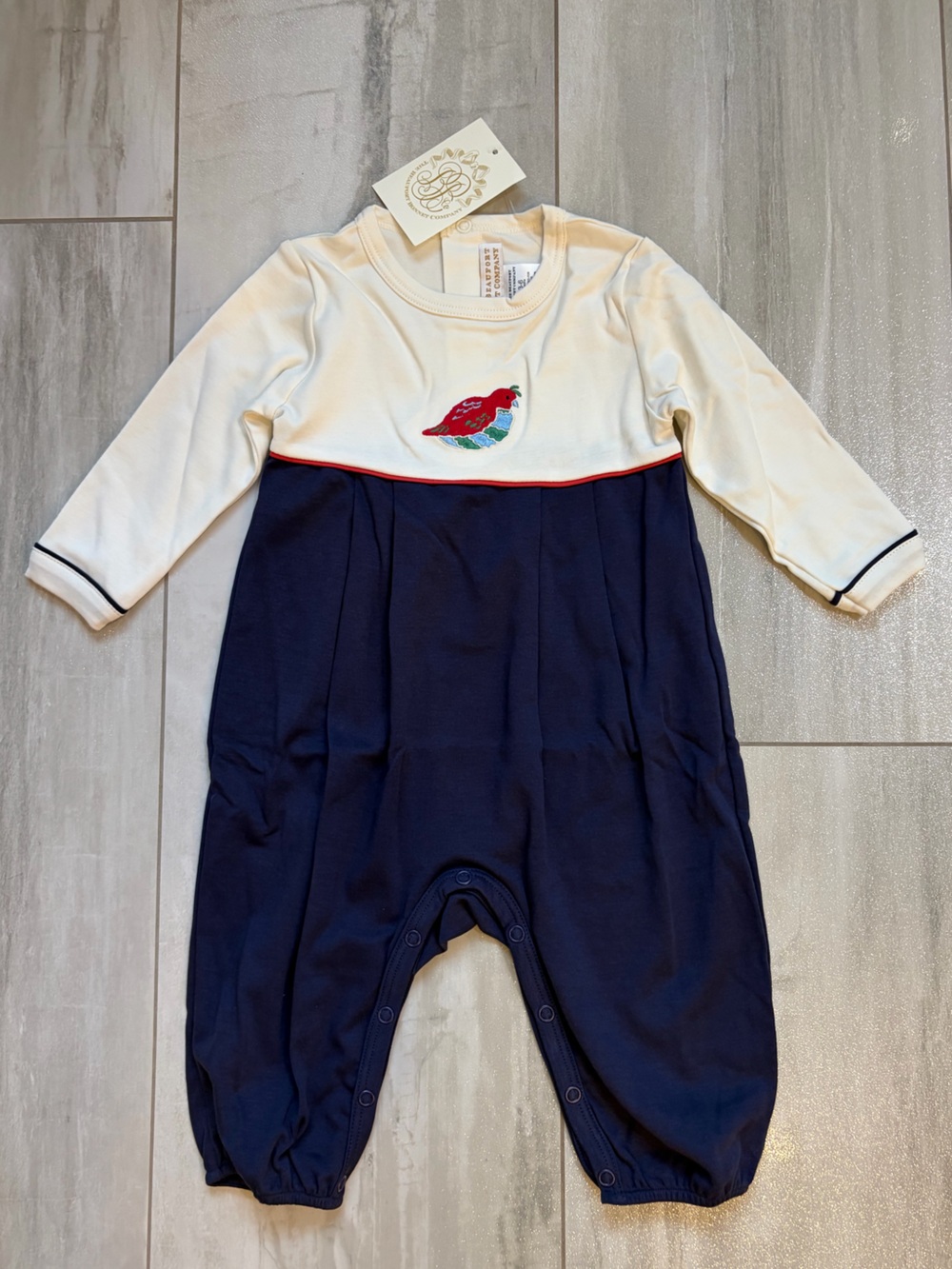 NWT TBBC Navy Pima Cotton Embroidered Quail Bradford Romper Jumpsuit Boys 3-6M